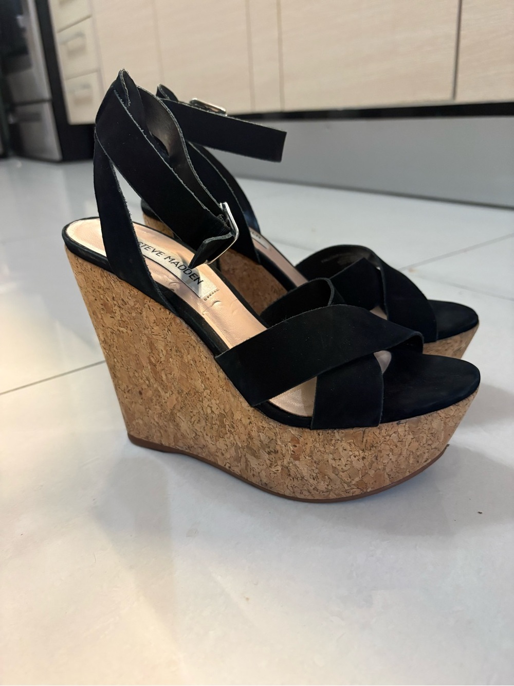 Steve Madden Black Suede Cork Wedge Sandals